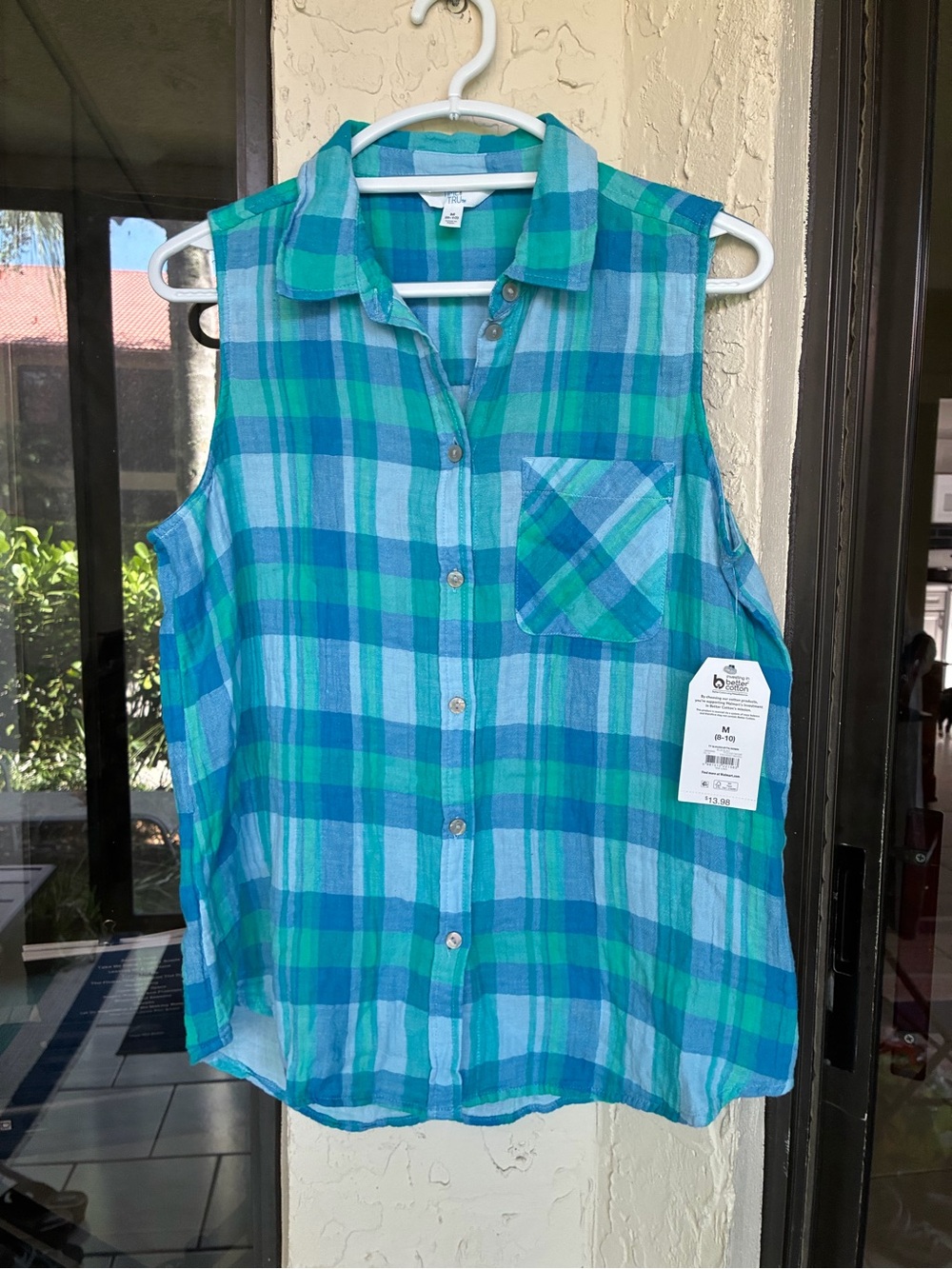 Sleeveless Plaid Button-Front Shirt - Teal & Blue - Picture 1 of 4